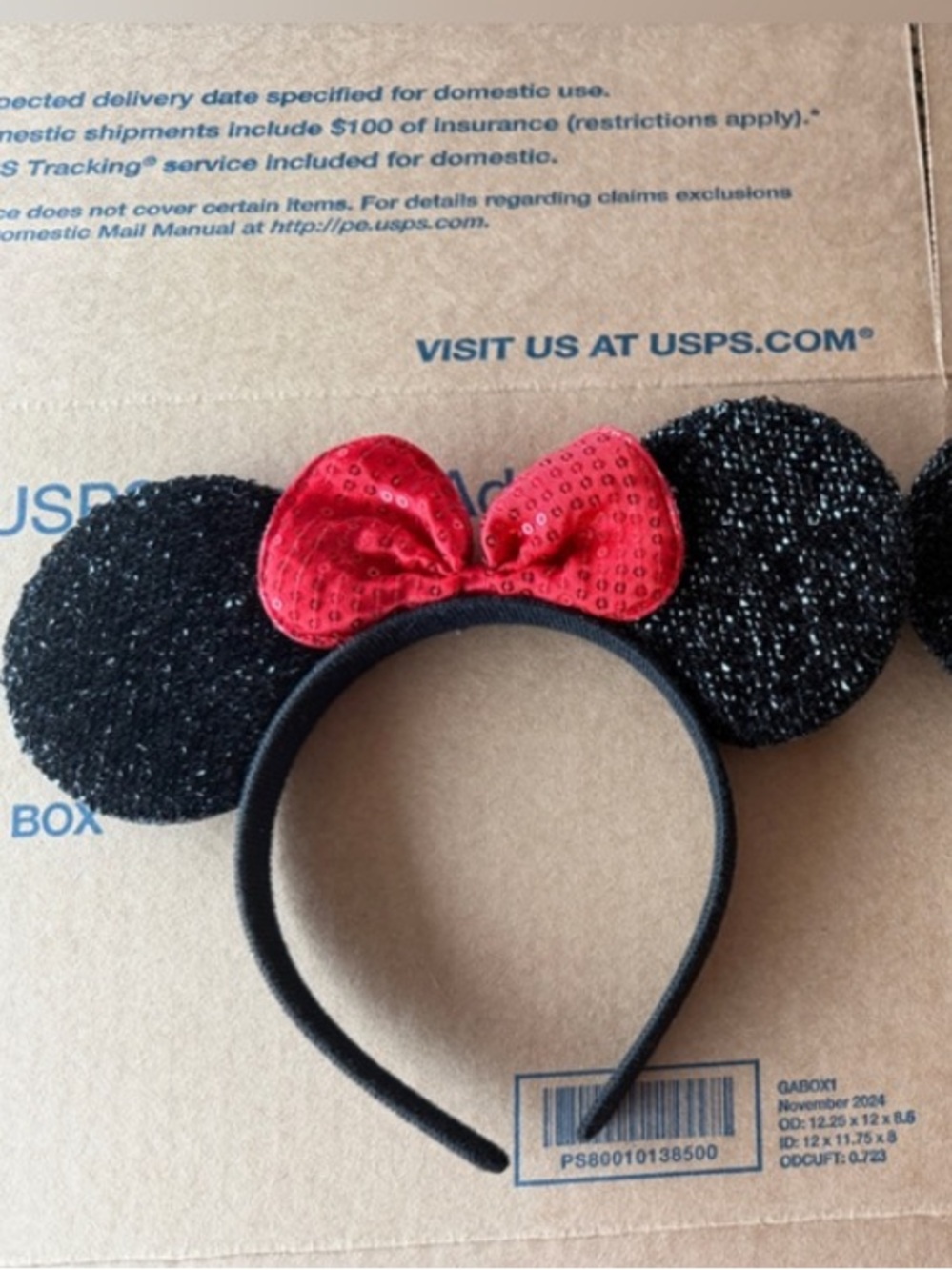 Black Sparkle Minnie Ear Headband with Red Sequin Bow